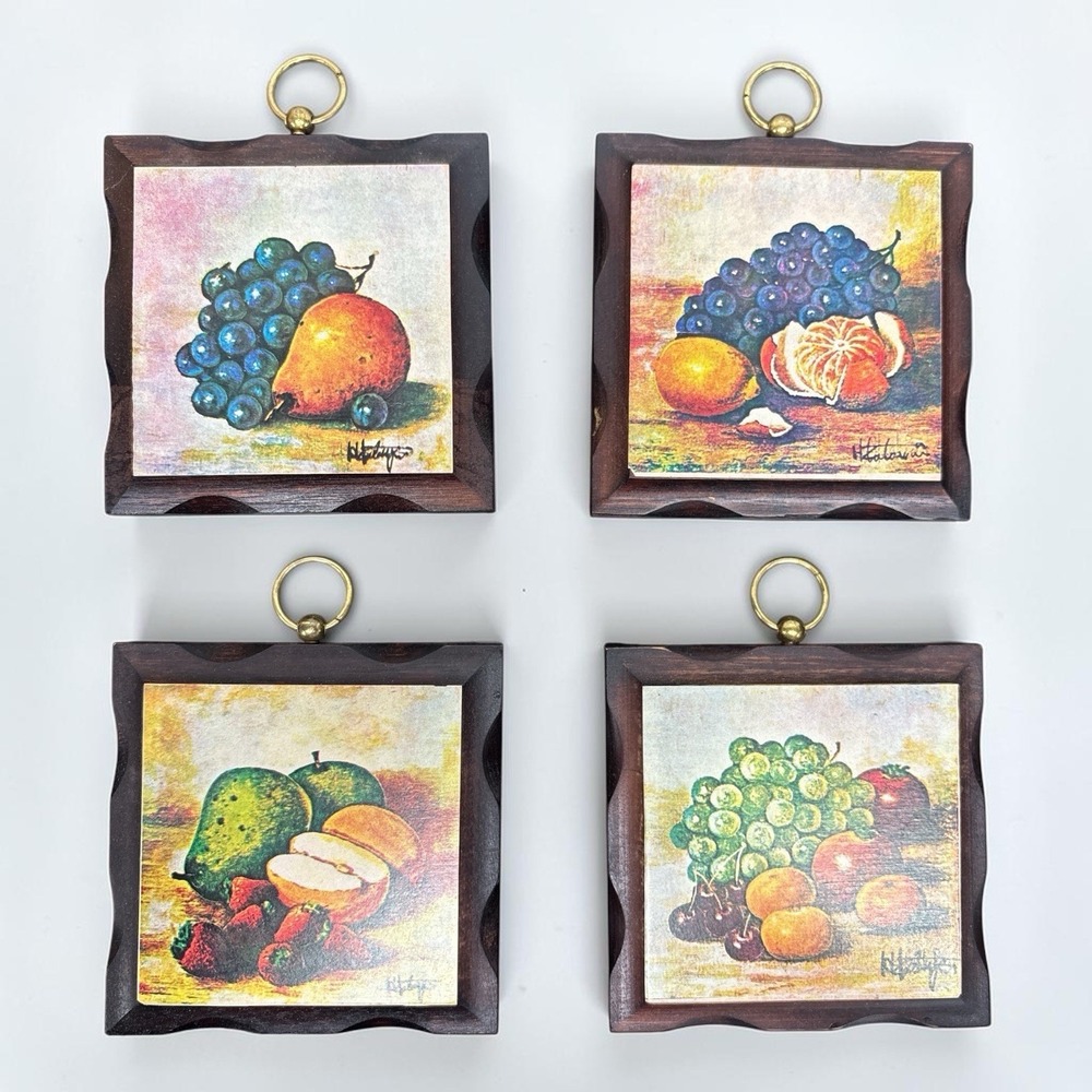 Vintage 1970's Wood Fruit Wall Plaques HOMCO Home Interiors Set of 4 MCM Decor